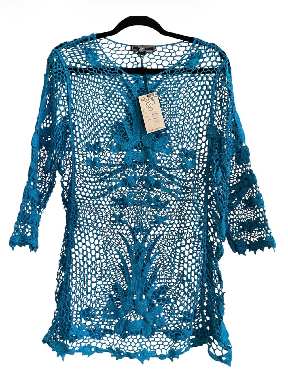 Hand-Crocheted Teal Open-Knit Swim Coverup Tunic or top!